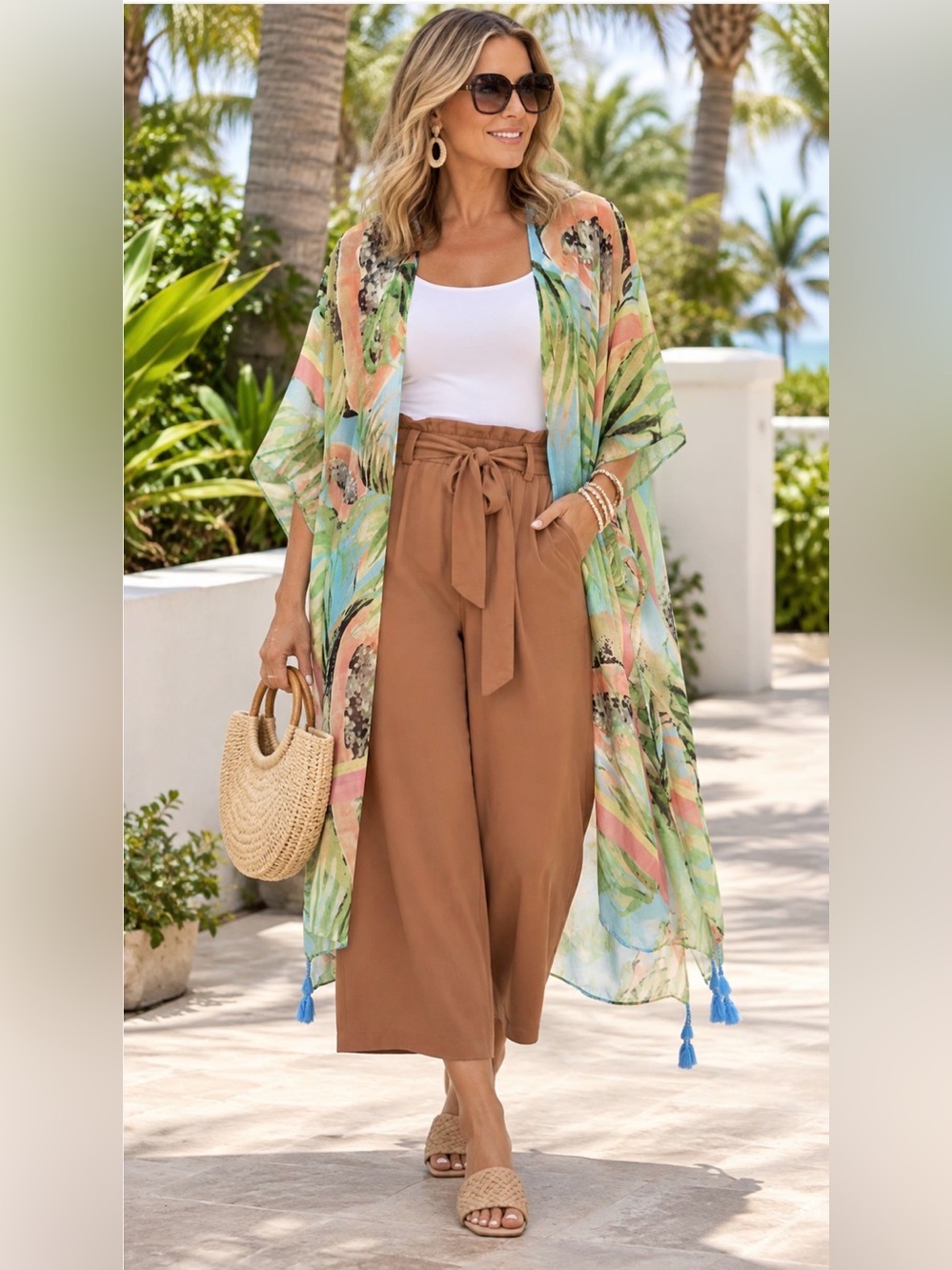 High-Waist Paperbag Cropped Wide-Leg Pants - Brown